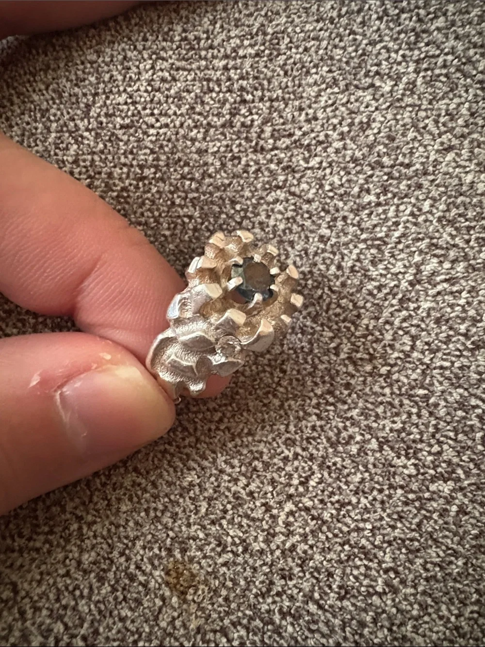 Sterling silver nugget ring with 1.03ct blue diamond center and .25 ct whites